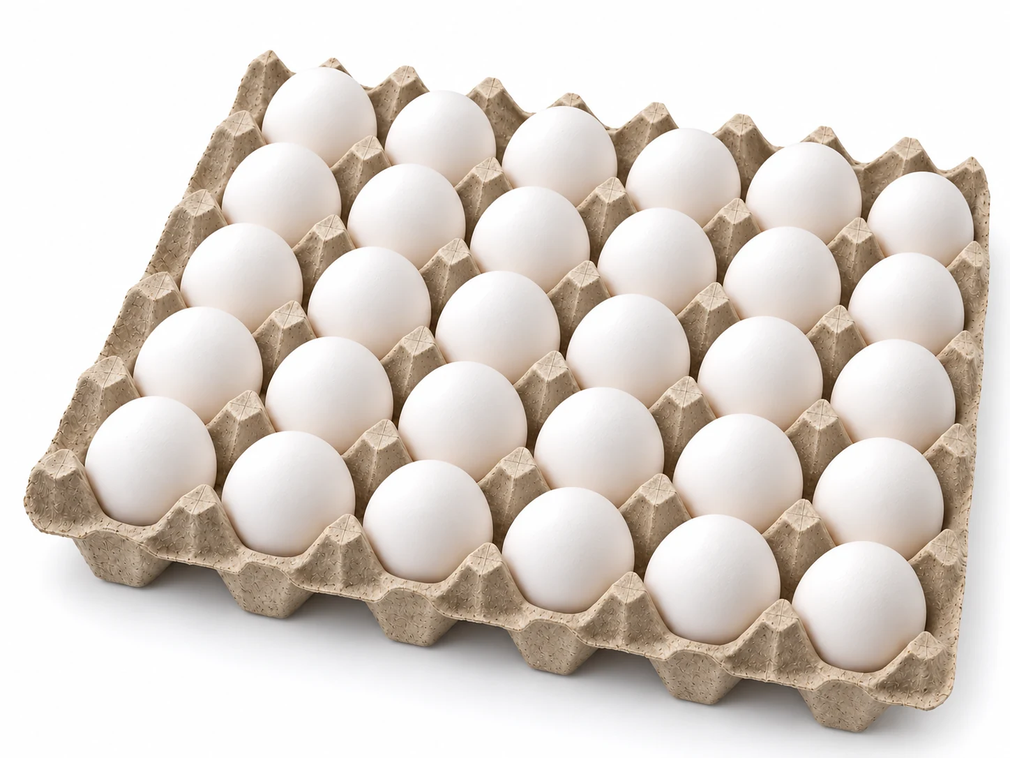 Cartón gris de pulpa moldeada con treinta huevos blancos, sin etiquetas