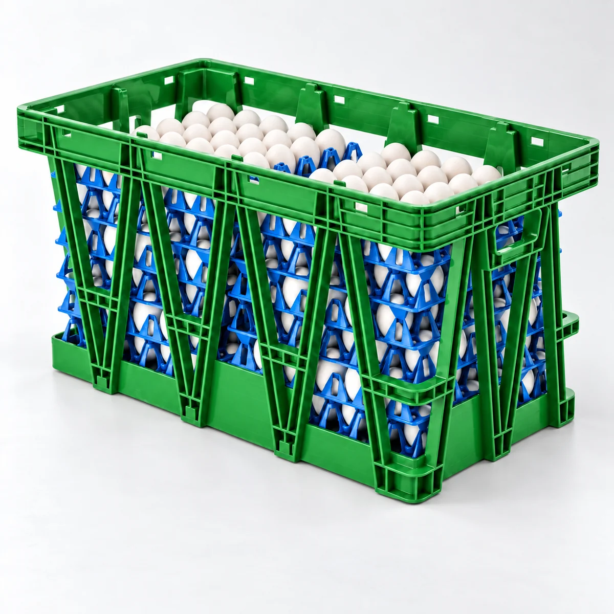 Caja verde con separadores azules y huevos, sin logos