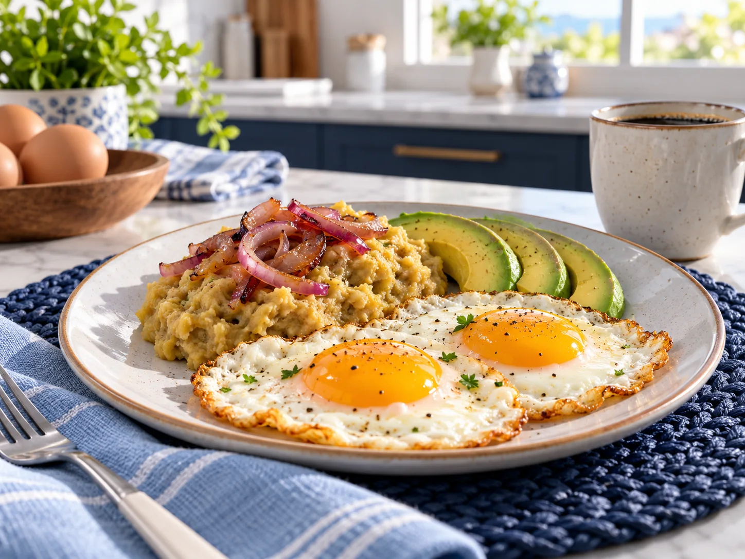 Desayuno de huevos con mangú, cebolla salteada y aguacate