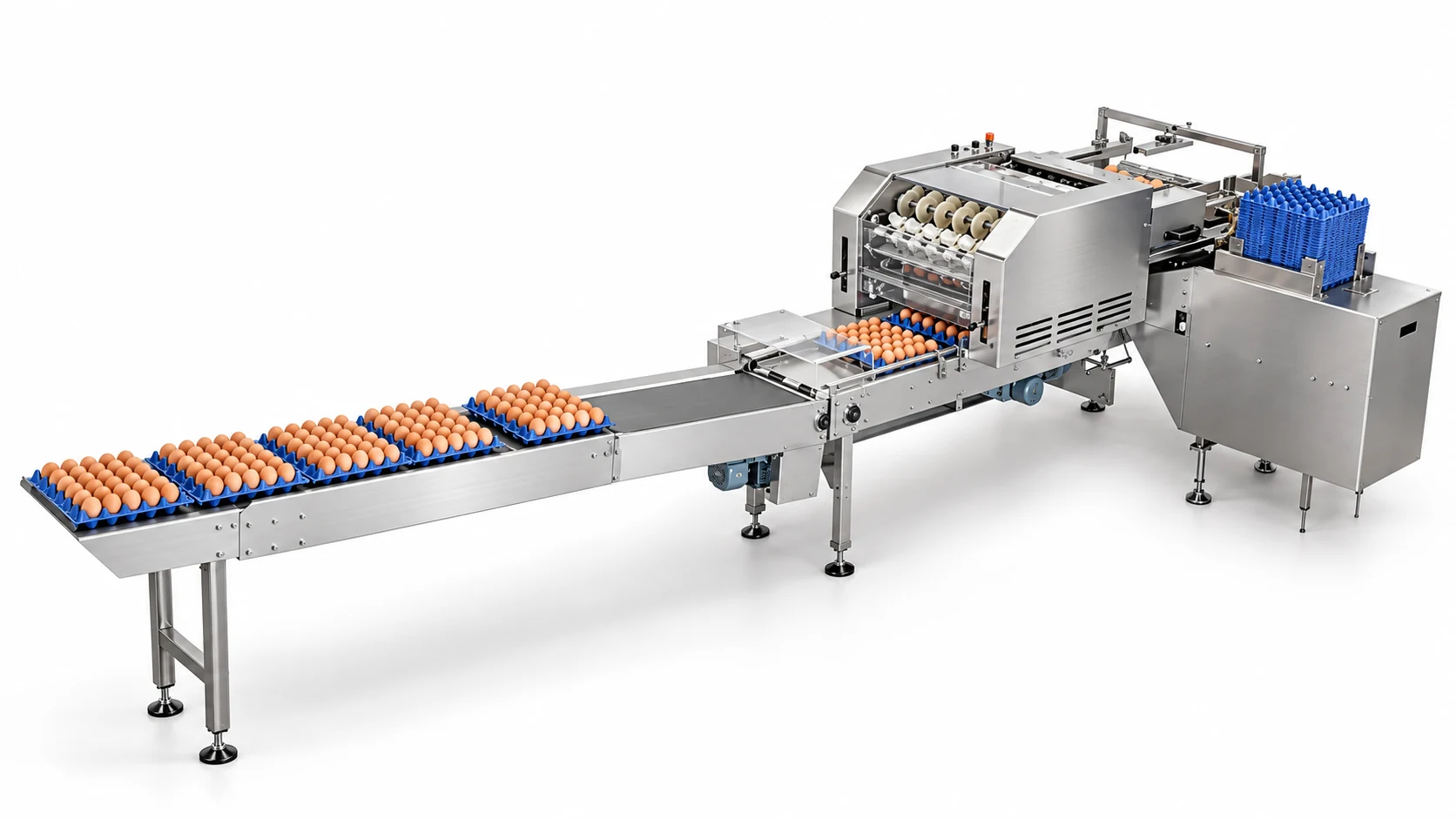 Empacadora industrial de huevos con bandejas azules