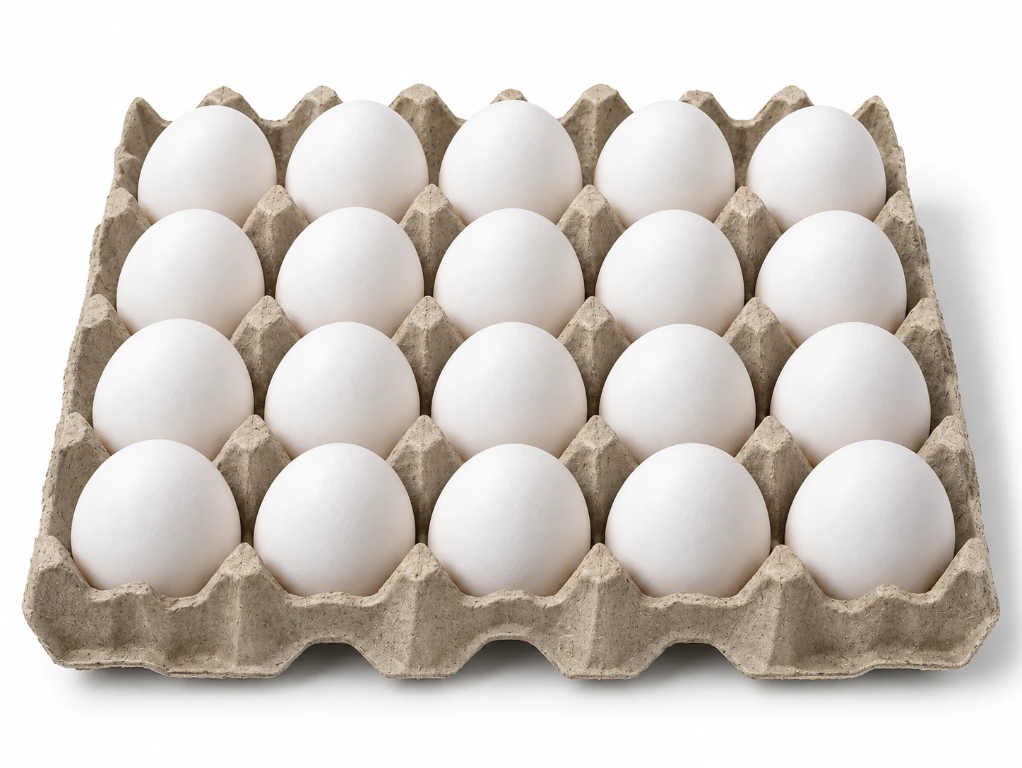 Veinte huevos blancos jumbo en bandeja de pulpa gris, distribuidos en cuatro filas de cinco