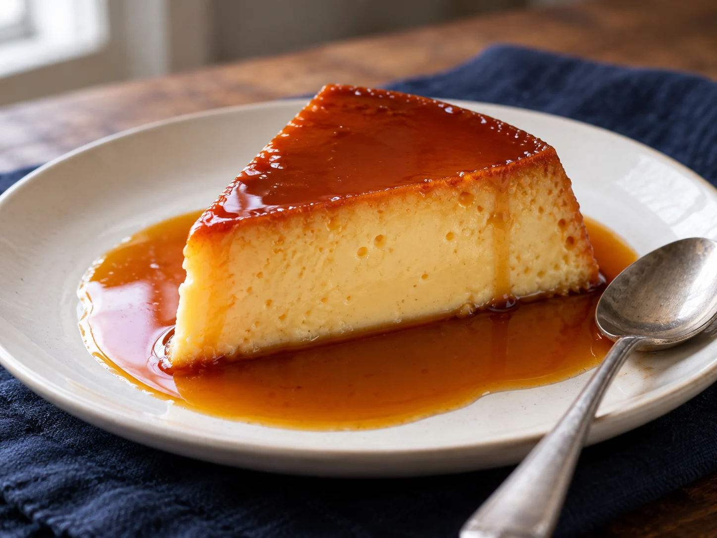 Porción de flan de vainilla con caramelo brillante