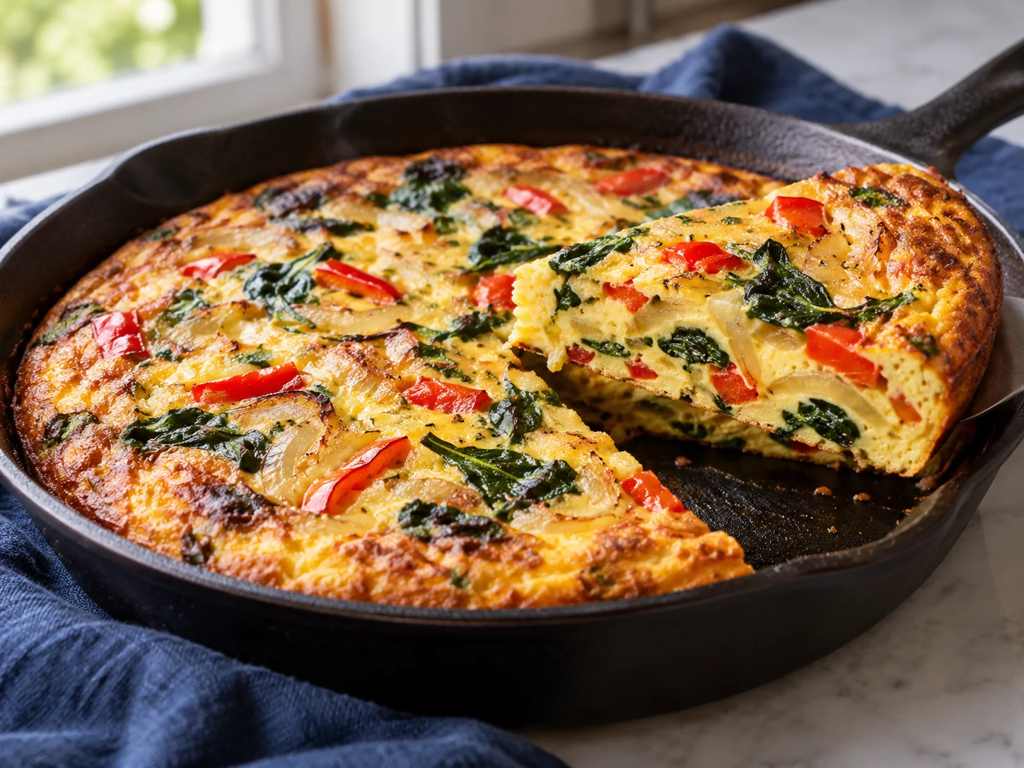 Tortilla dorada con vegetales servida en una sartén